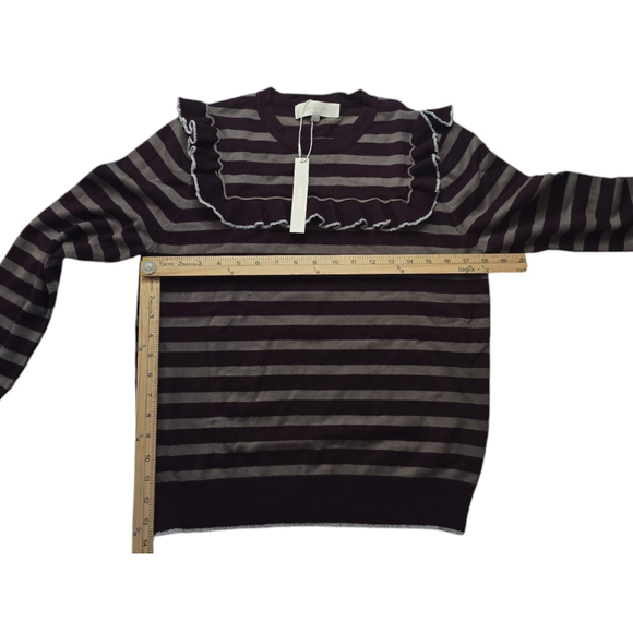 Women's Chee-cho Ruffle Ribbed Sweater Burgundy Gray Striped SZ L - Picture 2 of 5